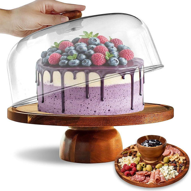 Mozphae Wood-Cake-Stand With Acrylic Dome Lid, Round Wooden Cake Holder Plate With Cover, 2-in-1 Dessert Table Display Set For Party, Charcuterie Board For Cheese, Chips & Dips, Nachos, Fruit Platter