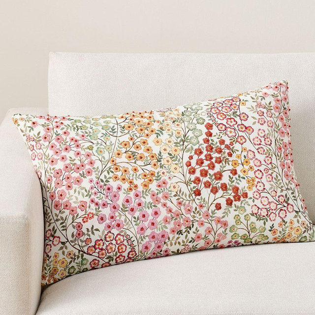 Garden Embroidered Lumbar Pillow Cover, Pink Multi, 16" x 26"