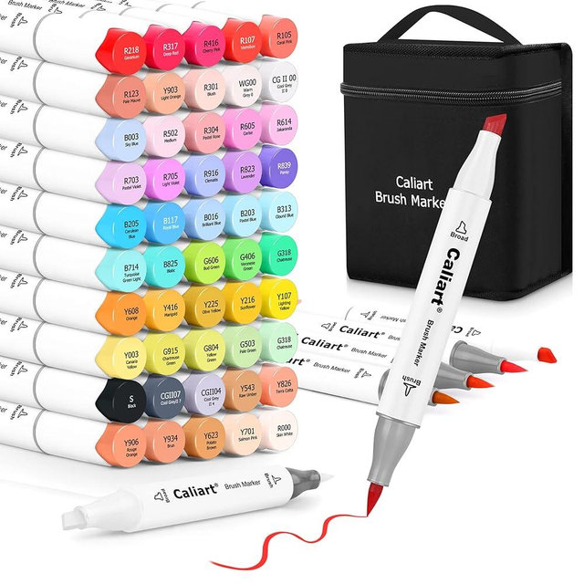 Caliart 51 Colors Alcohol Brush Markers, Dual Tip (Brush & Chisel) Art Markers Permanent Sketch Markers for Adults Kids Coloring Artist Sketching Illustration Drawing Calligraphy, Bonus 1 Blender
