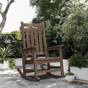 JEAREY HDPE High-back Patio Rocking Chair Brown HDPE Frame Rocking Chair with Slat Seat