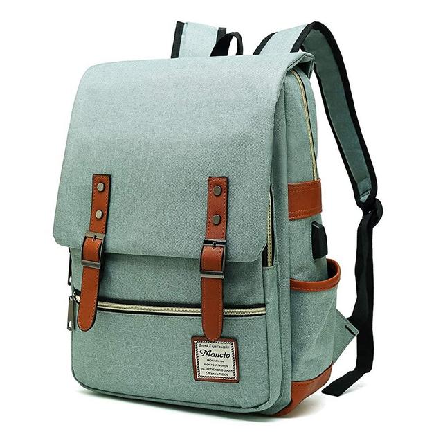MANCIO Slim Laptop Backpack with USB Charging Port,Vintage Tear Resistant Business Bag for Travel,  College, School, Casual Daypacks for Man,Women, Fits up to 15.6Inch MacBook, Green