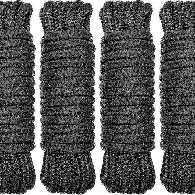 PACTHSD 4 Pack 1/2" x 25' Dock Lines - Marine Grade Nylon Boat Rope with 12" Loop for Docking and Mooring - Double Braided Boat Lines, High Strength, Easy Handling, Fray Resistant - Black
