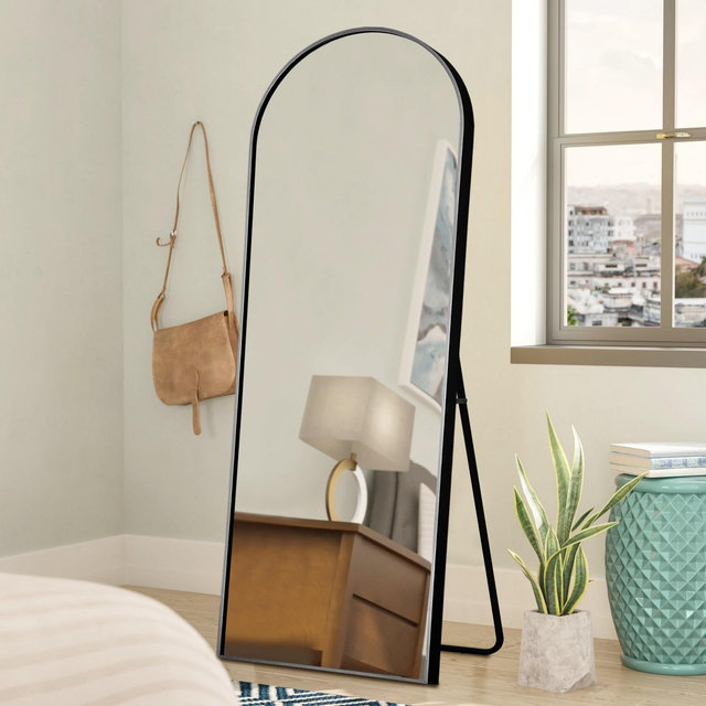 Malinda 64" x 21" Arched Free Standing Body Mirror, Metal Framed Full Length Wall Mirror, Large Floor Mirror, Black- The Pop Home