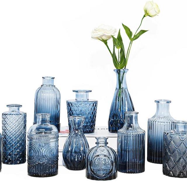 TBWIND 12pcs Glass Bud Vases Set, Small Vases for Flowers, Blue Bud Vase for Centerpieces in Bulk, Mini Vintage Vase for Rustic Wedding Decorations, Office and Home Table Flower Décor-Blue
