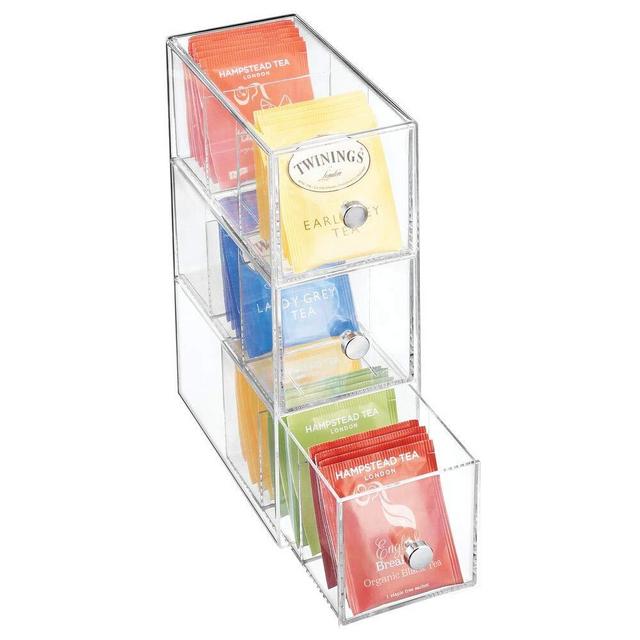 mDesign Plastic Kitchen Pantry, Cabinet, Countertop Organizer Storage Station with 3 Drawers for Coffee, Tea, Sugar Packets, Sweeteners, Creamers, Drink Pods, Packets - 3 Sections - Clear
