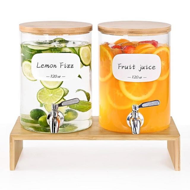 KitHero Water Drink Dispenser with Stainless Steel Spigot,16 Waterproof Labels, Bamboo Lid and Stand - 2 Pack 120oz Borosilicate Galss Beverage Dispenser for Parties, Juice, Cold and Hot Drinks