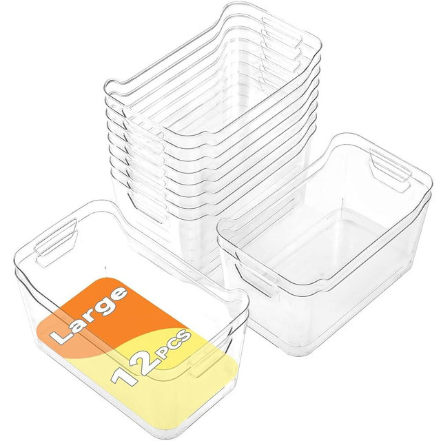 AntStep Clear Plastic Storage Bins - 12 Pack Pantry Organizers and Storage,Large Clear Pantry Organizer Bins, Plastic Containers with Handle for Kitchen,Freezer,Cabinet,Closet,Bathroom Under Sink