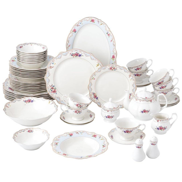 Joseph Sedgh Collection "Romantic Bloom" 57-Piece Bone China Dinnerware Set, Service for 8, Floral with Blue and Gold Trim
