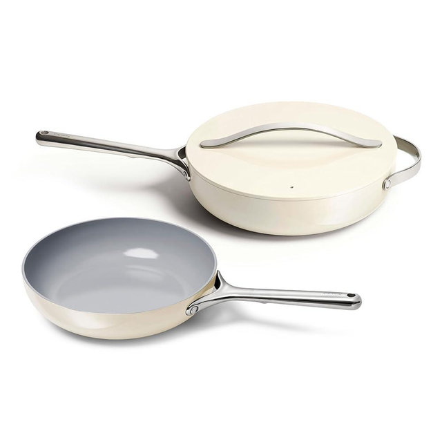 Caraway Fry Pan and Sauté Pan Duo - 10.5” Ceramic Frying Pan and 11.8” Deep Sauté Pan with Lid - Non Stick, Non Toxic, Oven Safe - Cream