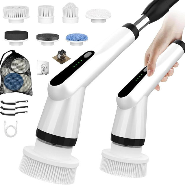 WKY-Electric Spin Scrubber - Upgraded 12-in-1 IPX7 Waterproof Shower Scrubber, Retractable Handle & 2-Speed for Toilet, Bathroom, Bathtub, Tile Floors