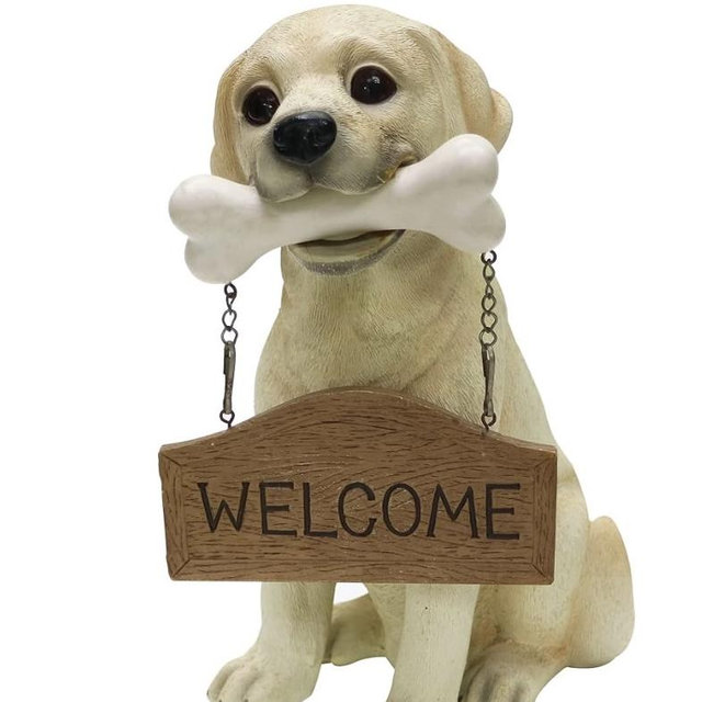 Nature's Mark Labrador Retriever Dog Puppy Statue with Reversible Welcome Sign and Go Away Sign Resin Garden Decor 12" H