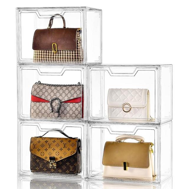 Stebopum Purse Organizer for Closet, 5 Pack Clear Acrylic Display Case for Handbag Organizer, Stackable Purse Storage Box with Magnetic Door, Dustproof Storage Bins for Book, Collectibles, Cosmetic