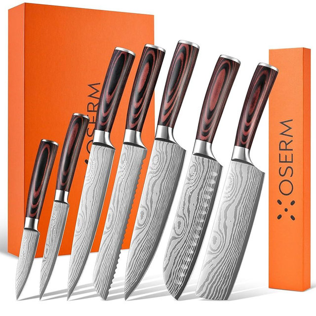 Gift-Ready Knife Set, Japanese Style 8-Piece (7+1) Kitchen Knife Set for Weddings & Premium Gifting, Orange Beautiful Gift Box, High Carbon Steel Knives Sets Includes An Additional 8" Chef Knife
