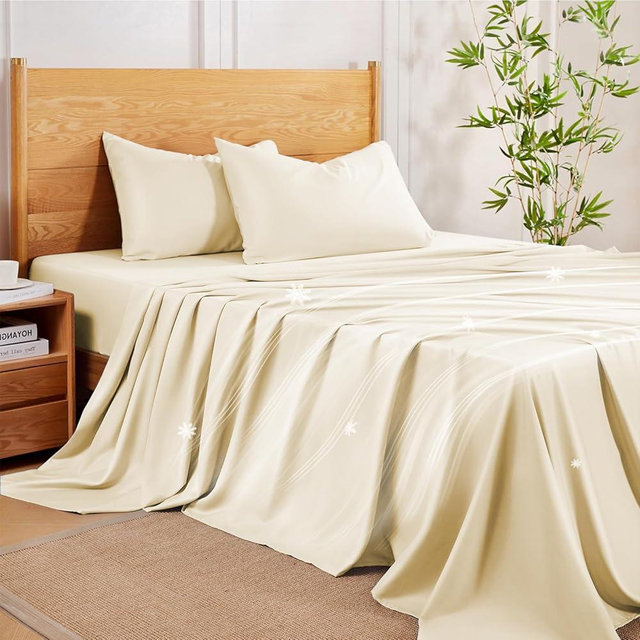MR&HM Queen Sheet Set, 4-Piece Cooling Sheets, Rayon Derived from Bamboo & Polyester Blend, Soft & Silky, 15" Deep Pockets with Elastic Straps, Hotel Luxury for Hot Sleepers, Cream