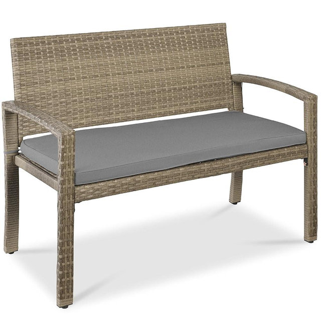 Best Choice Products Outdoor Bench 2-Person Wicker Garden Patio Benches Seating Furniture for Backyard, Porch w/Seat Cushion, 700lb Capacity - Cement Gray/Taupe