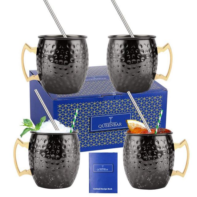 Moscow Mule Mugs Set of 4 Black Plated Hammered Cups Stainless Steel 16oz for Cocktails Drinks