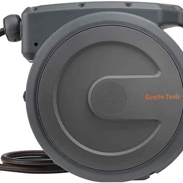 Giraffe Hose Reel, 5/8" x90' Wall Mounted Retractable Garden Hose Reel Heavy Duty with 9 Pattern Hose Nozzle, Any Length Lock/Automatic Rewind/Slow Return System/180° Swivel Bracket