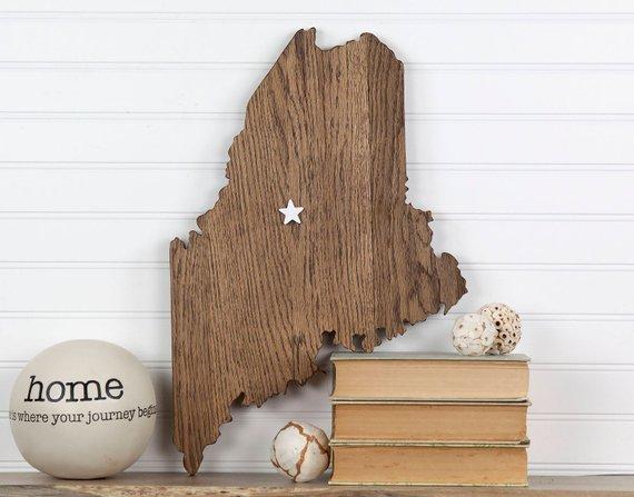 Maine State Shape Wood Sign Cutout Silhouette Wall Art. Repurposed Oak. 7 Colors. Wedding Guestbook, Anniversary, Man Cave, Farmhouse