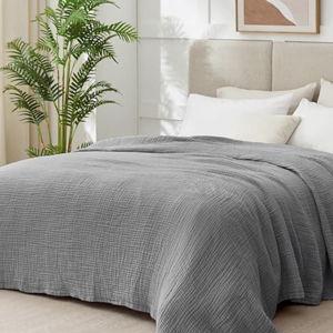 100% Cotton Muslin Blanket King Cotton Throw Blanket for Bed, Grey