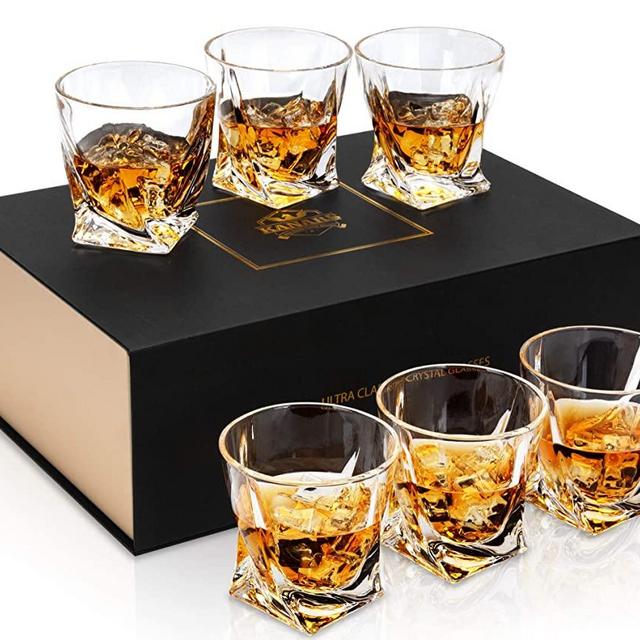 KANARS Twisted Rocks Glass, Set of 6 Crystal Whiskey Glasses In Gift Box - 10 Oz Lowball Bar Glass for Drinking Bourbon Scotch Cocktail Whisky Rum Vodka Liquor, Old Fashioned Tumblers For Men