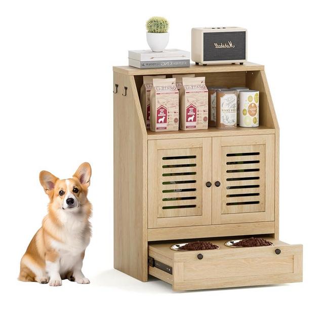 Giluta Pet Feeder Station Storage Cabinet, Dog Feeding Station Dog Food Station Furniture with 2 Raised Dog Bowls, Pull Out Elevated Dog Bowls for Water and Feeding Supplies, Pet Toy Storage Organizer