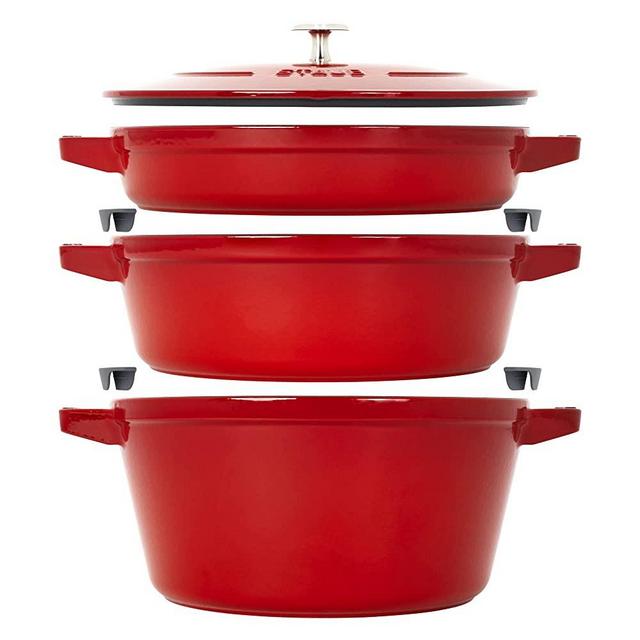 STAUB Cast Iron Set 4-pc, Stackable Space-Saving Cookware Set, Dutch Oven, Cast Iron Skillet, Cast Iron Grill Pan with Universal Lid, Made in France, Cherry