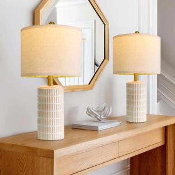 PoKat 20.75" Small Modern Ceramic Table Lamps Set of 2 for Bedroom, White Bedside Lamps for Night Stands, Farmhouse Desk Decor Gift Nightstand Table Lamps for Living Room End Table Beige