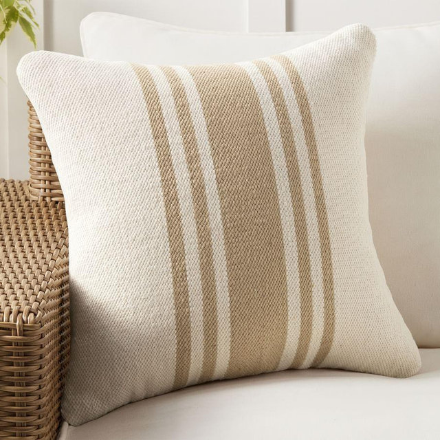 Modern Farmhouse Striped Outdoor Pillow, 20" x 20", Flax