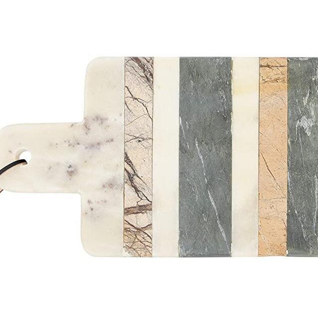Bloomingville 15" L Rectangle Marble Cheese Stripes, Handle & Leather Strap Cutting Board, Green
