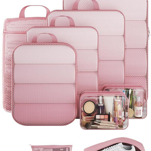 Veken 9/11 Set Compression Packing Cubes for Travel Essentials,Compressible Expandable Large Luggage Suitcase Organizer Bags for Clothing,Durable Space Saver Storage Bags with Toiletry Bags(Pink)
