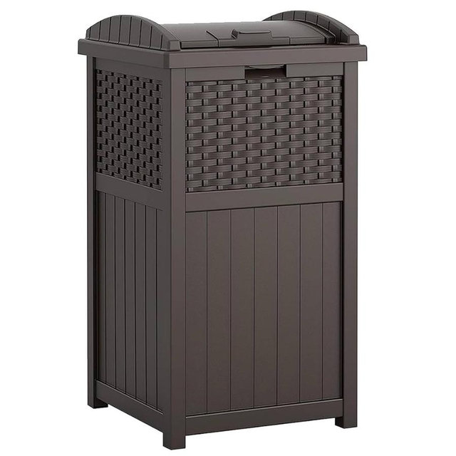 Suncast 33 Gallon Outdoor Trashcan Hideaway with Lid for 30 to 33 Gallon Trash Bags for Garage, Backyard, or Garden, Brown, Made in the USA