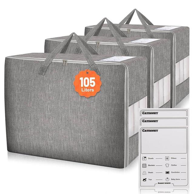 3 Pack 105L Comforter Storage Bags, Extra Large Bedding Storage Bags with Category Card and Clear Window, Reinforced Handles & Zippers, Foldable Closet Organizers for Blanket Pillow Clothes