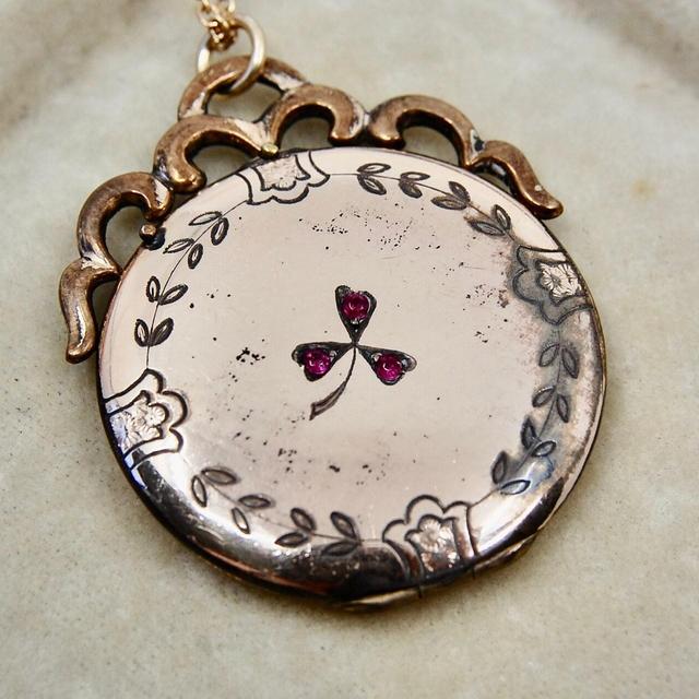 Antique Clover Locket with Ornate Bale, Ruby Rhinestones, Foliate, Rosy Gold Filled, Victorian, Optional Chain Lengths, c. Mid-1800s, 7.94g