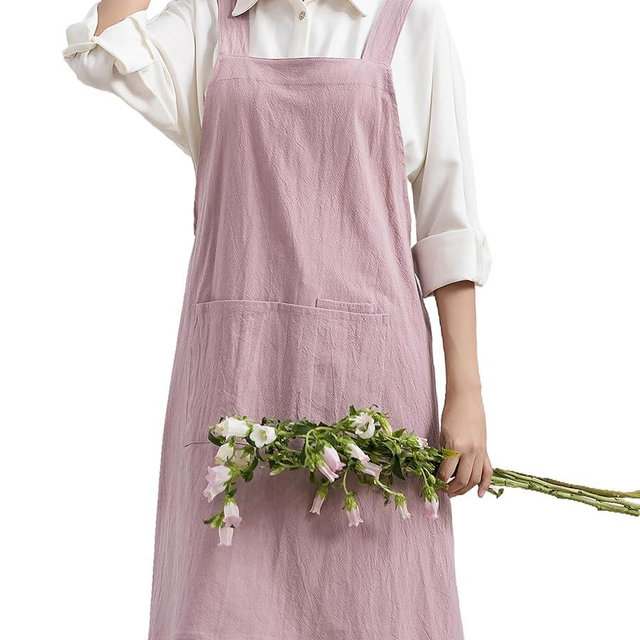 TOPTASK Japanese Soft Cotton Linen Cross Back Cooking Apron for Women Men with Pockets Cute Pinafore Dress for Baking Kitchen