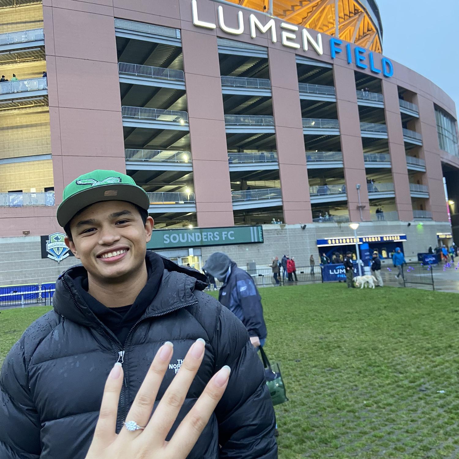 Kawai proposed at a Seahawks vs. Eagles game. While the Eagles didn't win, it was still the best day!