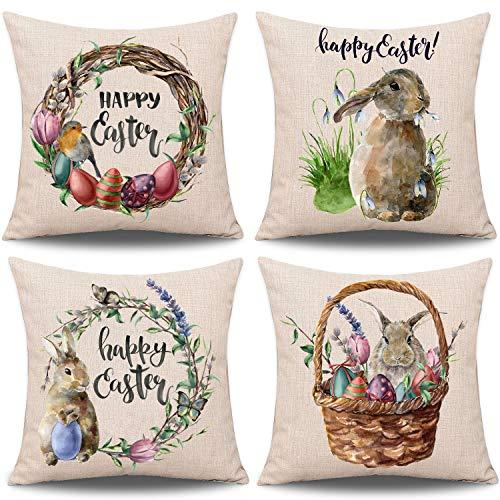 Whaline Easter Kitchen Towel 4 Pack Easter Bunny Rabbit Dish Towels 18 x 28  Inch Colorful Stripes Hand Drying Tea Towel for Spring Holiday Cooking