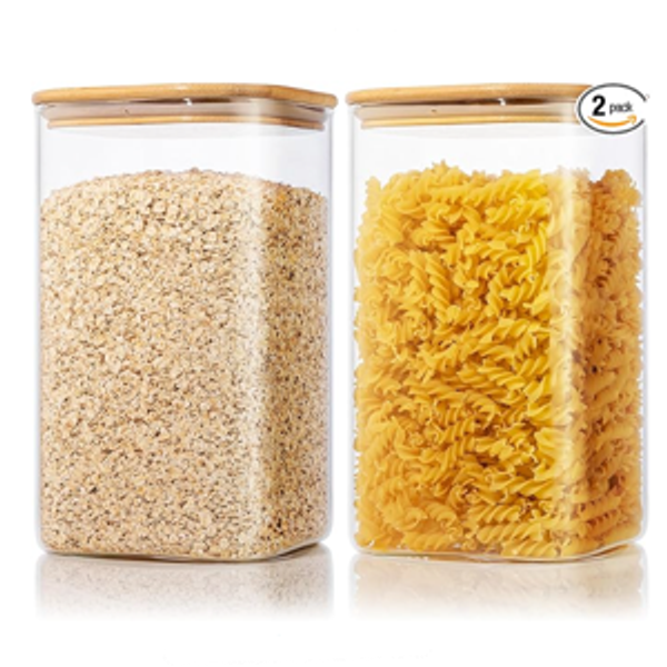 Extra Large Square Glass Flour & Sugar Storage Containers with Airtight Lids, 168 floz - 2 Pack Glass Jars with Bamboo Lids for Pantry, Air tight Food Storage Containers for Cereal, Pasta, Rice