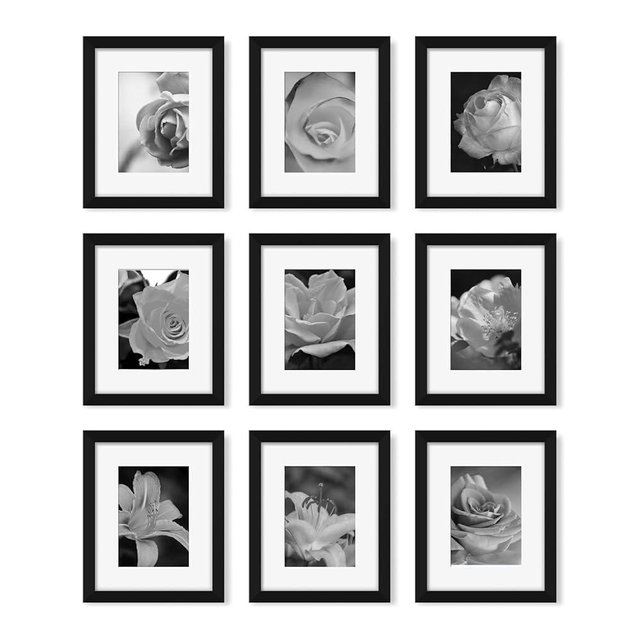 YESKAY 8x10 Picture Frame Set of 9, Display Pictures 5x7 with Mat or 8 x 10 Without Mat, Multi Photo Frames for Wall Mounting or Table Top Display, Black
