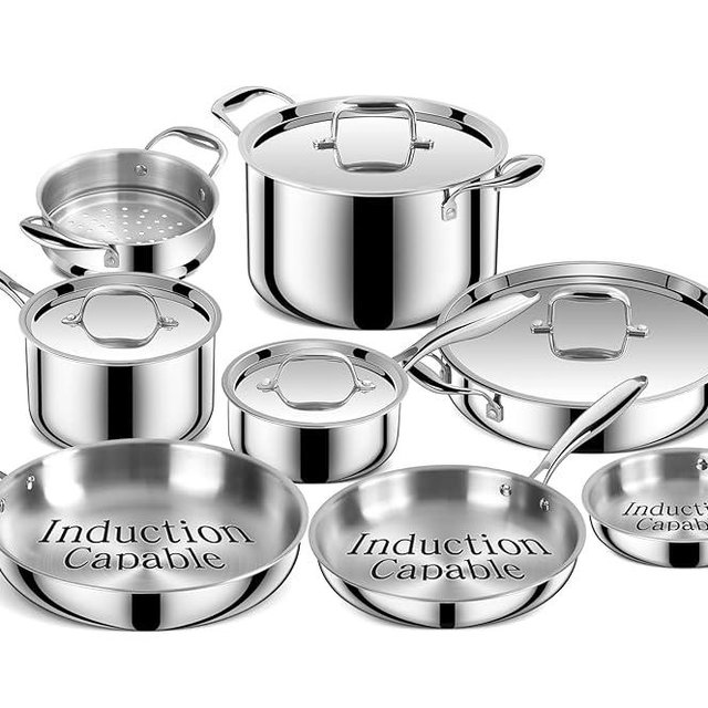 Triple Ply Stainless Steel Pots and Pans Set, EWFEN 12 Piece Induction Cookware Set, Oven Dishwasher Safe | Frying Pans, Saucepans, Saute Pan & Stock Pot, PFOA Free Kitchen Skillet