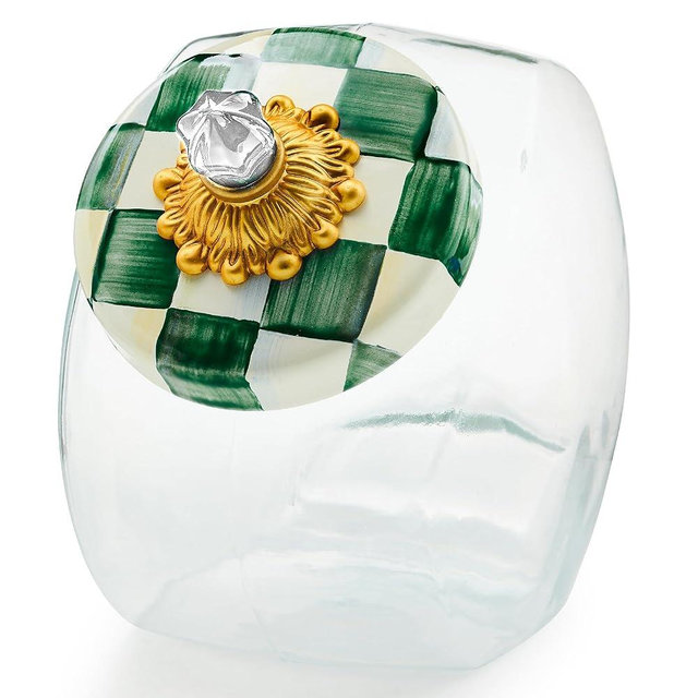 MACKENZIE-CHILDS Cookie Jar with Enamel Lid, Large Glass Treat Jar or Kitchen Jar, 1-Gallon Capacity, Green-and-White Emerald Check