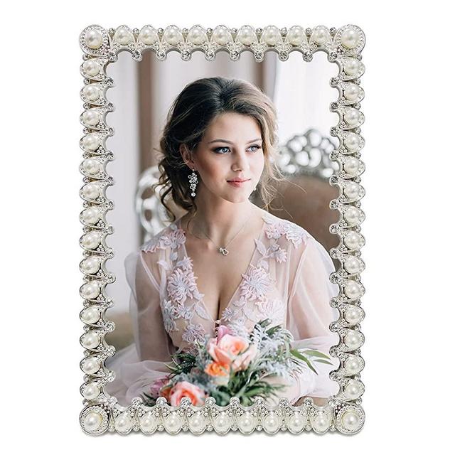 8x10 Picture Frame Silver Plated with Pearls and Crystal Decor Wedding Photo Frame for Tabletop,8 by 10 inch Frame for Mother's Day, Valentines Day, Friends