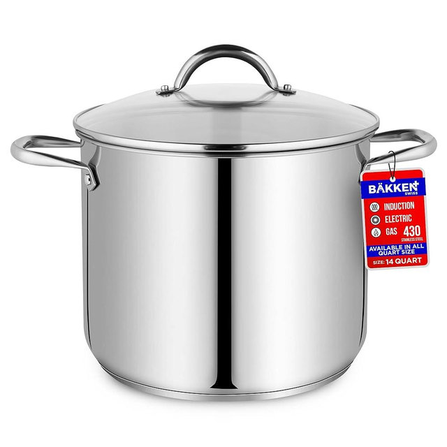 Bakken-Swiss Deluxe 14-Quart Stainless Steel Stockpot w/Tempered Glass See-Through Lid - Simmering Delicious Soups Stews & Induction Cooking - Exceptional Heat Distribution - Heavy-Duty & Food-Grade