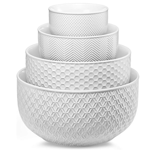 KooK Ceramic Mixing Bowls, Nesting Set of 4, Embossed Kitchen Dishware, Prep, Serving, Gift, Microwave and Dishwasher Safe, 20/44/98/145 oz, Narbonne Collection (Marshmallow)