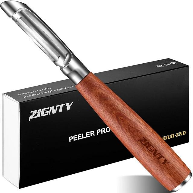 ZIGNTY Vegetable Peeler Stainless Steel, Premium Potato Peelers for Kitchen, Ultra Sharp Rotary Blade Fruit & Veggie Peeler, Apple Peeler, I Shaped Peeler Real Wood Non-Slip Handle（5 Years Warranty）