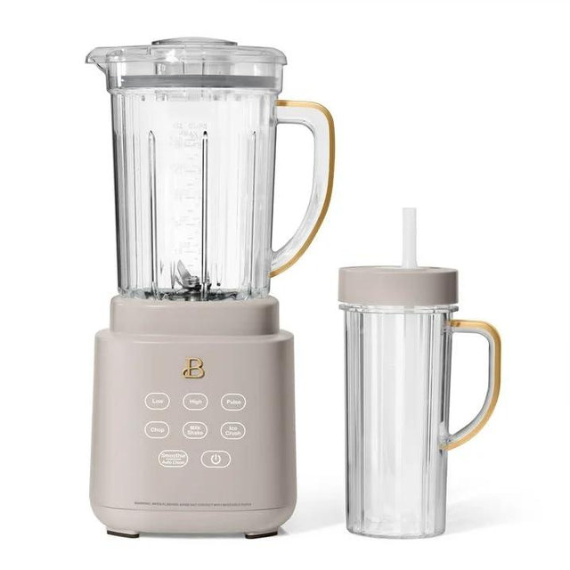 Beautiful PowerExact Blender System, Taupe by Drew Barrymore – 700 W Motor, PrecisionSense, Touch Display, 50 oz Tritan Pitcher + 20 oz Cup with No-Drippy Sippy Lid (White)