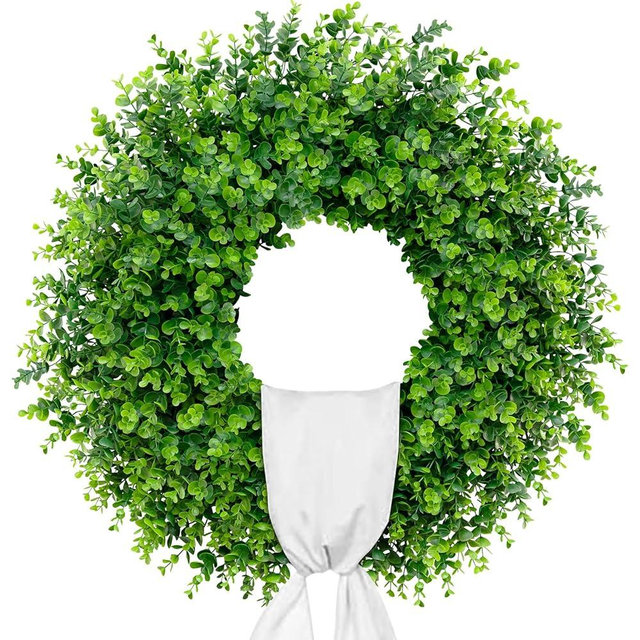 Dushle 28'' Large Boxwood Wreaths Front Door Artificial Green Spring Wreath with Sash Wreaths for Front Door Farmhouse Greenery Year Round Outdoor Indoor for Summer Wreath St Patricks Day Decoration