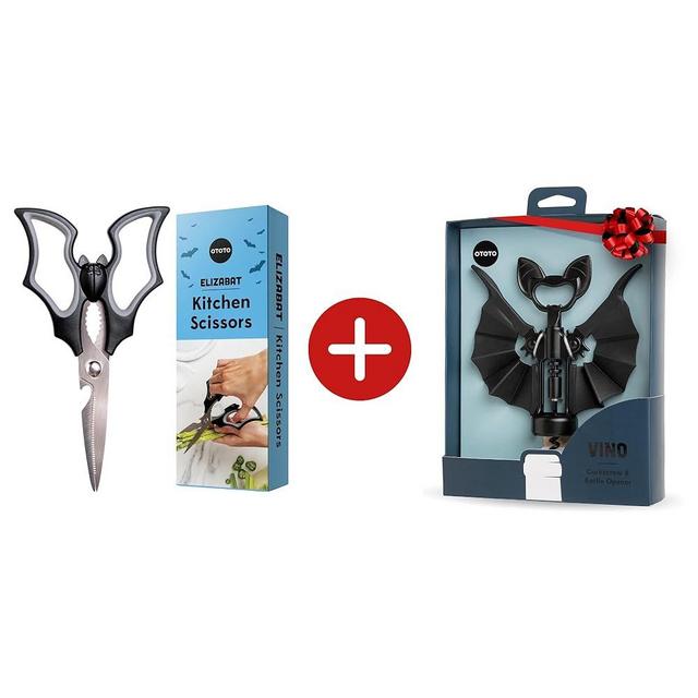 Bundle of 2!!! NEW!! Elizabat Kitchen Scissors by OTOTO - Cute Bat Kitchen Shears + OTOTO Vino Spooky Bat 2-in-1 Wine & Beer Openerer