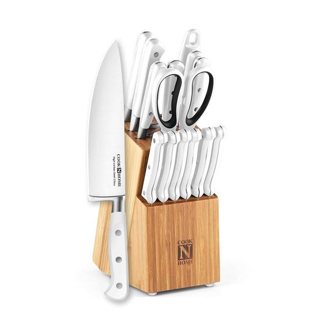 Cook N Home Kitchen Knife Set with Bamboo Storage Block 15-Piece, High Carbon Stainless Steel Blade, White