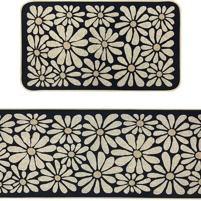 SHIYUE Black Kitchen Mat Set of 2, Boho Flower Kitchen Rugs Farmhouse Modern, Non Skid Washable Rubber Runner Rugs, Kitchen Decor Accessories（17x47in+17x30in）