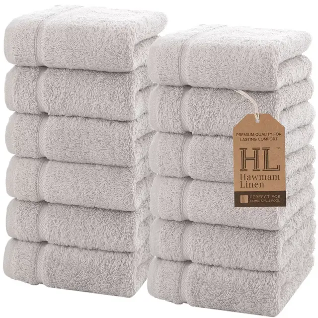 Hawmam Linen Luxury Cotton Washcloths 13x13 Inch - Large Hotel Spa Bathroom Face Towel | 12 Pack | Ice Silver